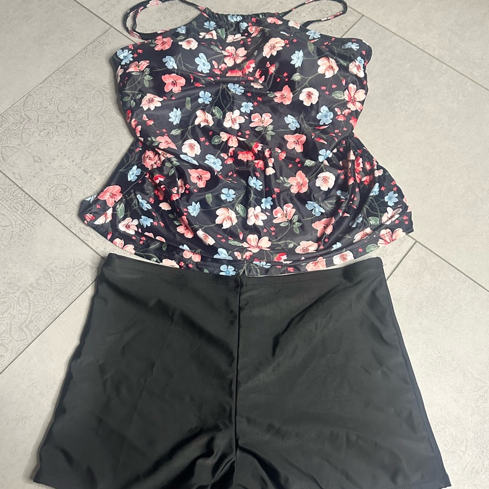 Floral Tankini Top with Black Shorts